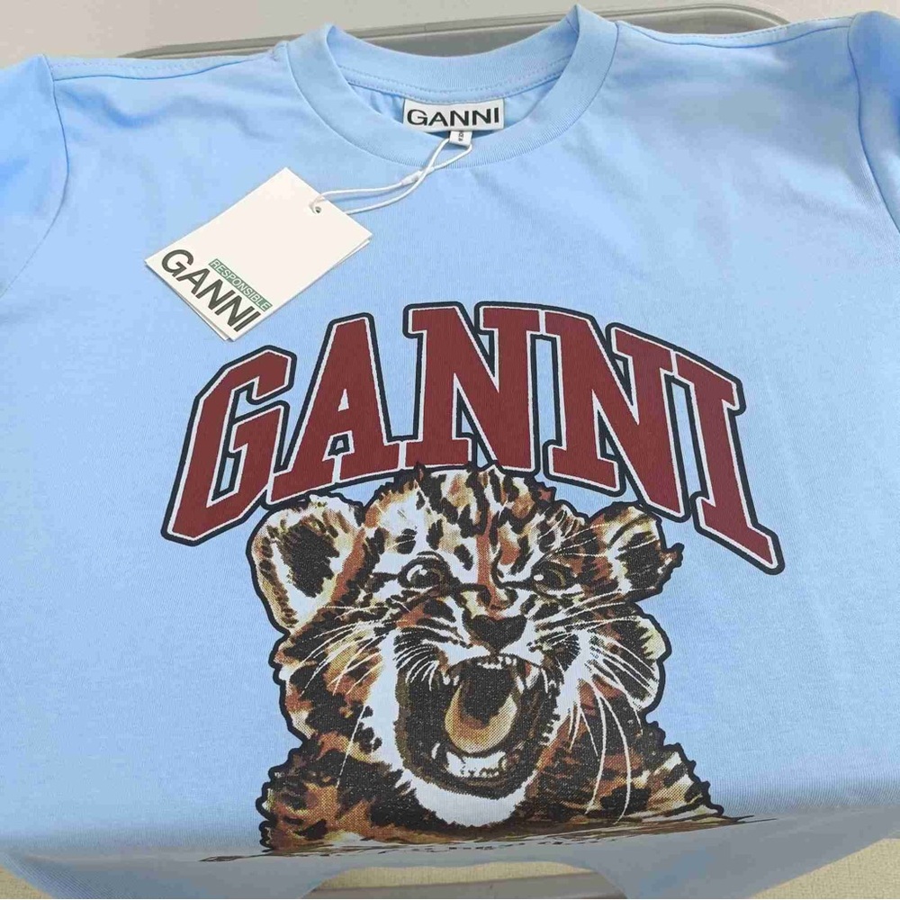 Ganni Light Blue Tee with Maroon Logo Cheetah graphic T-shirt - Have a Nice Day - Picture 5 of 6